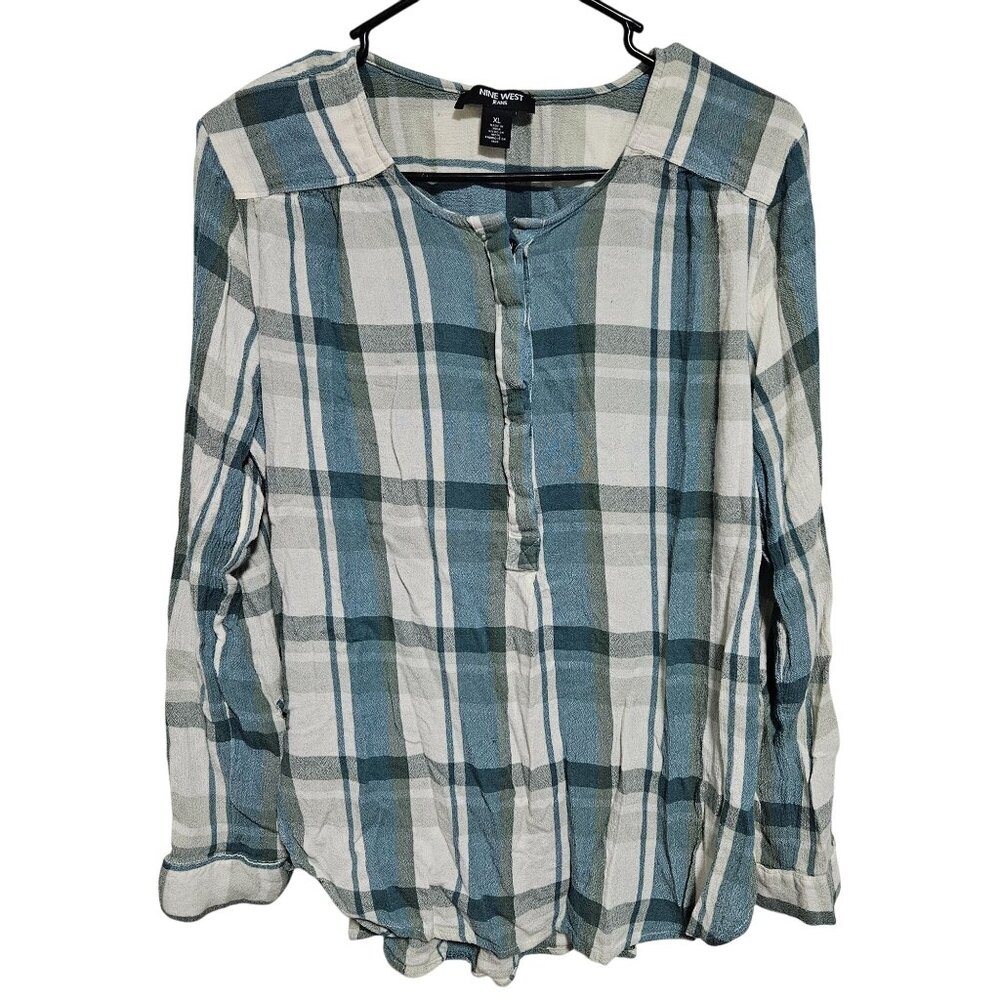 Nine West Plaid Blouse Womens Size XL Green White Roll Tab Sleeve 3/4 Button